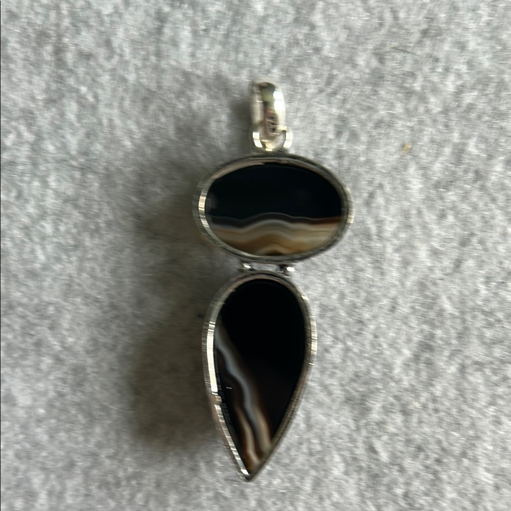 Natural Banded Black Onyx And 925 Sterling Silver Pendant - Picture 8 of 13